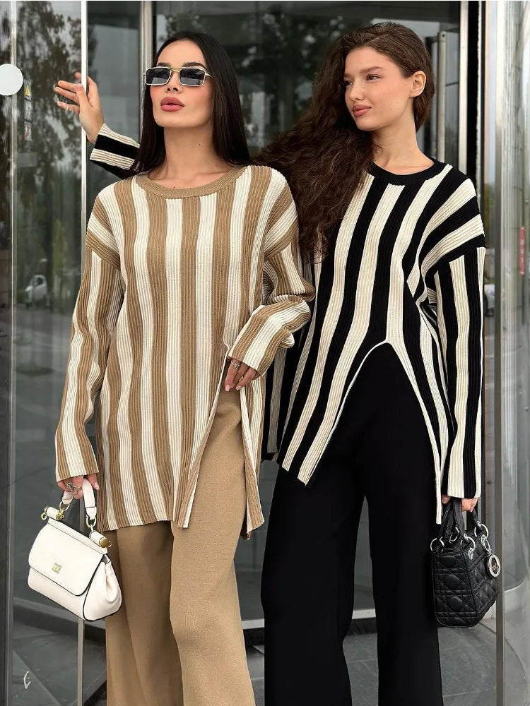 Striped Knitwear 2 Piece-set for Contrast Long Sleeve Split Straight Trousers Outfits ’s Pants Sets