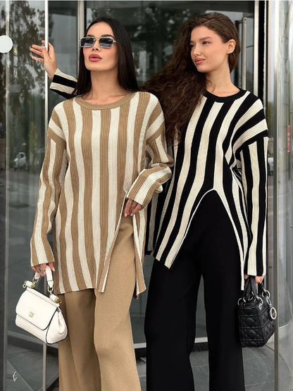 Striped Knitwear 2 Piece-set for Contrast Long Sleeve Split Straight Trousers Outfits ’s Pants Sets