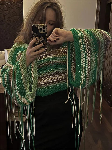 Knitted Tassels Cover Ups for Swimwear Loose Rainbow Shirt Sweater Holiday Crop Pullover Femme