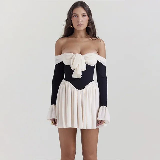 Lace Folds Mini Dress for Off the Shoulders Bodycon Splice Dress ’s Clubwear Slim Dresses Female