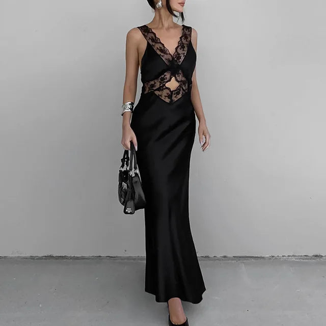 Lace Slim Maxi Dresses for Clothing Deep V Neck High Wasit Long Dress Party Evening Dress Woman