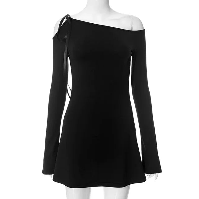 Lace Up Mini Dress for Off Shoulder Slim Long Sleeve Dresses Femme Party Ruffles Bodycon Dress Woman