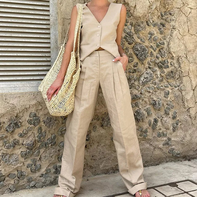 Loose Pant Sets Woman High Waist Baggy Trouser Suit for Summer V Neck Vest 2 Piece Suits Outfits
