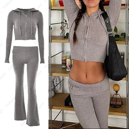 New Knitted Hoodie Cropped Top and Pants Sets White Y2k Outfits Low Waist Knit Two Piece Sets for Tracksuit