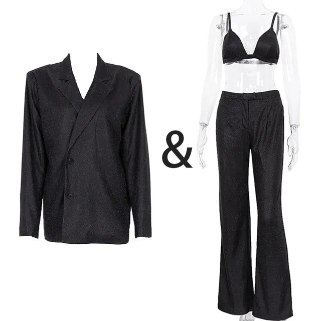 Party Sliver Glitter Three Piece Blazer Sets for Clubwear Sparkly Bra and Pants 2 Piece Mathcing Set New