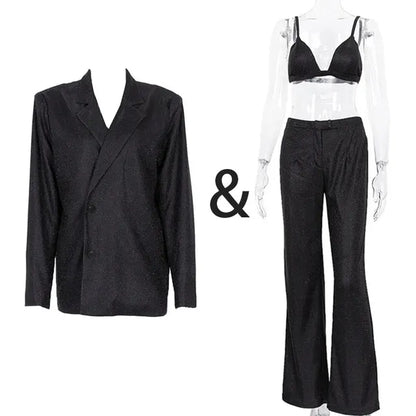Party Sliver Glitter Three Piece Blazer Sets for Clubwear Sparkly Bra and Pants 2 Piece Mathcing Set New