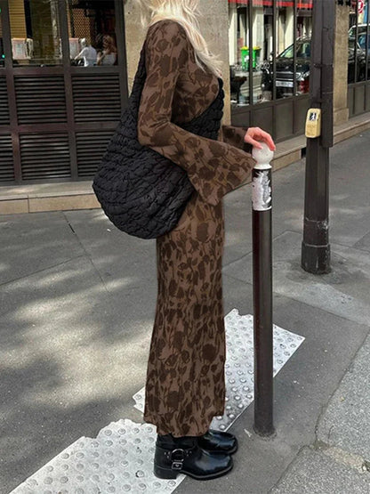New Street Slim Retro Print High Waist Femme Bodycon Maxi Dress