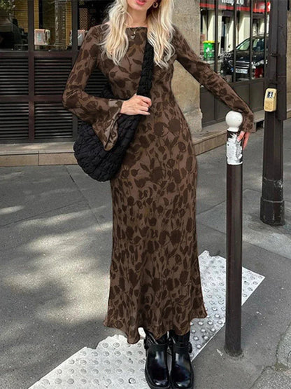 New Street Slim Retro Print High Waist Femme Bodycon Maxi Dress