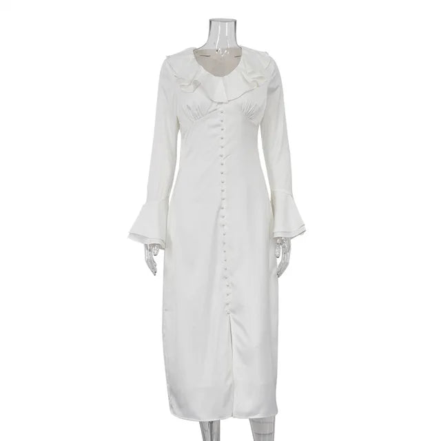 Ruffle V Neck Dress for Slim Long Sleeve High Waist Temperament Dresses Femme Party Slit Long Dress Woman