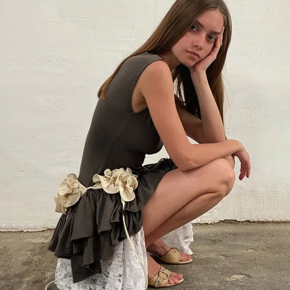 Ruffles Splice Vest Mini Dress for Sleeveless Slim Fit Color Hot Girl Club Party Dress Female