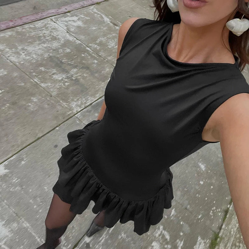 Ruffles Splice Vest Mini Dress for Sleeveless Slim Fit Color Hot Girl Club Party Dress Female