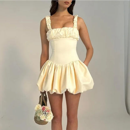 Satin Suspender Mini Dress for Ball Gown Splice Sleeveless Ruched Summer New Princess Party Dress Female
