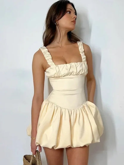Satin Suspender Mini Dress for Ball Gown Splice Sleeveless Ruched Summer New Princess Party Dress Female