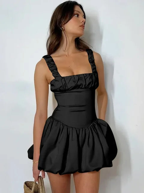 Satin Suspender Mini Dress for Ball Gown Splice Sleeveless Ruched Summer New Princess Party Dress Female