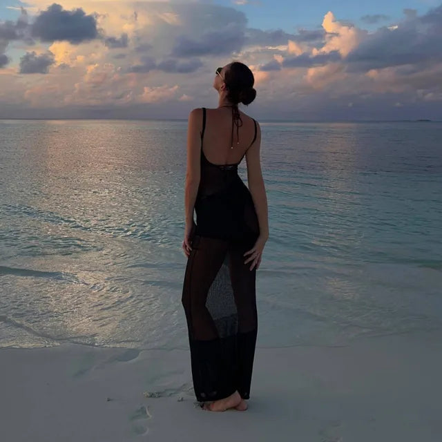 Backless Beach Dress Mesh Splice See Through Knitted Long Dresses Hot Party Slim Cover-up Dress