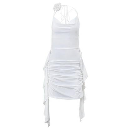 Backless Dress for Ruffle Folds Slim Mini Dresses Holiday Bandage V Neck Lace Up Dress Woman