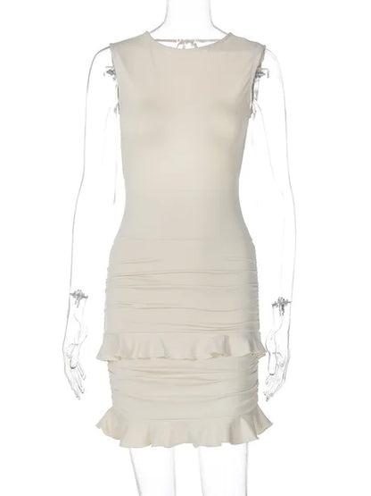 Backless Lace Mini Dress ’s Ruched Patchwork Sleeveless Hip Wrap Slim Party Evening Dress Female