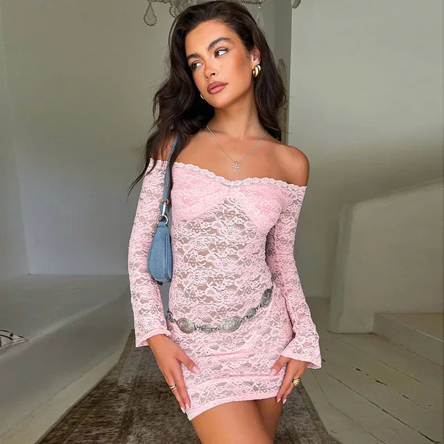 Off Shoulder See-through Lace Dress for Long Sleeve Slim Splice Beach Evening Mini Dress Female