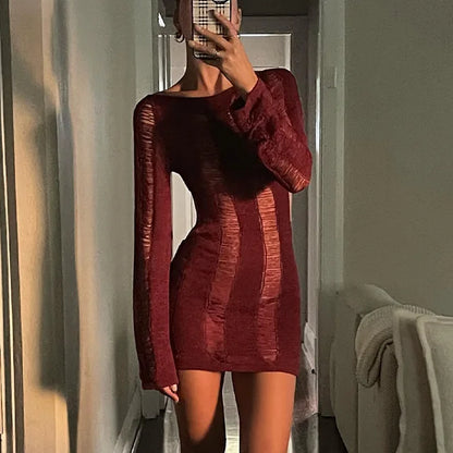 Sheer Knitted Dress Bodycon Long Sleeve Hollow Out Mini Dresses Femme Club Backless Knitwear Dress
