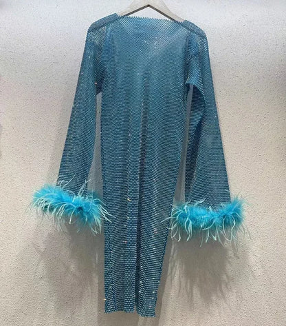 Weave Shiny Rhinestone Mini Dress See Through Cover-up Dresses Loose Club Dress