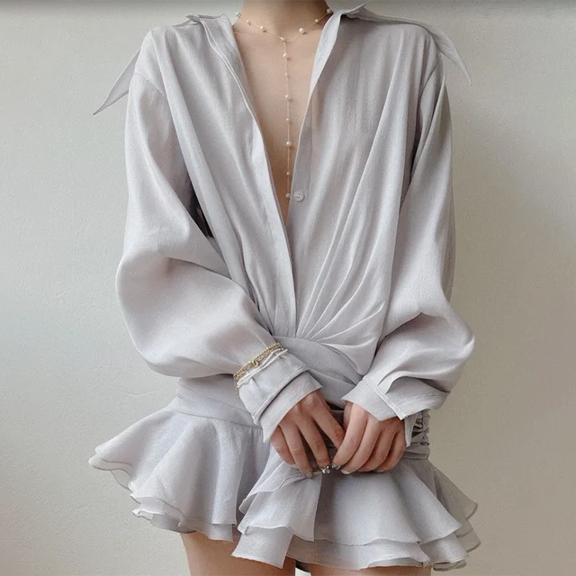 New White Chiffon Dress for Ruffled Pleated Mini Dress See-through Loose Oversized Shirt Dress Cover-up