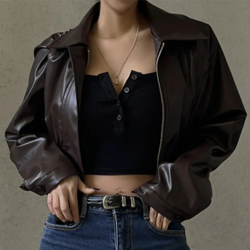 Zipper Retro Pu Jackets Winter Temperament Basic Coats Female Autumn Leather Jacket Woman