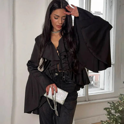 Ruffled Lace-up V-neck Blouse