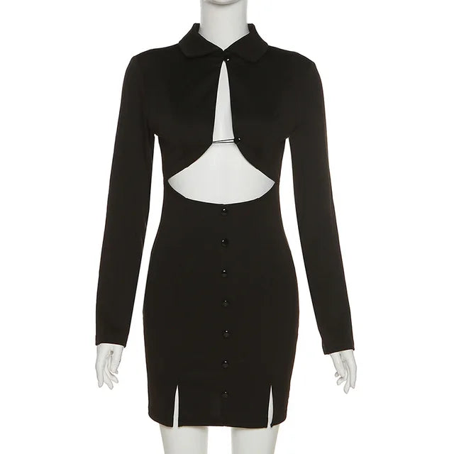 Black Mini Dress Summer Hollow Out Mini Bodycon Autumn Dresses Wrap Hip Night Party Vestidos
