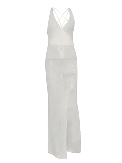 Summer Beach Dress V-neck Backless Split Long Dress White Sleeveless See Through Party Vestidos