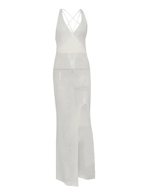 Summer Beach Dress V-neck Backless Split Long Dress White Sleeveless See Through Party Vestidos