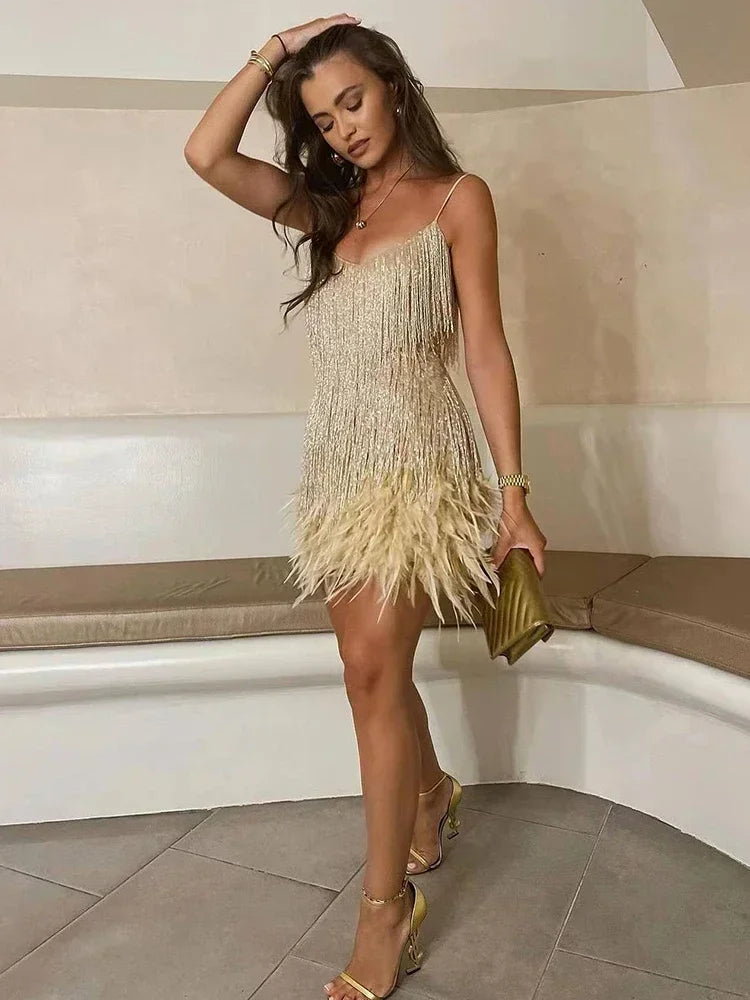 Tassel Sequins Dress Feather Spaghetti Straps Mini Dresses Summer Party Club Evening Dresses Vestidos