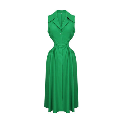 Tempting Cut Out A-line Turn-down Collar Sleeveless High Waist Slim Midi Dress
