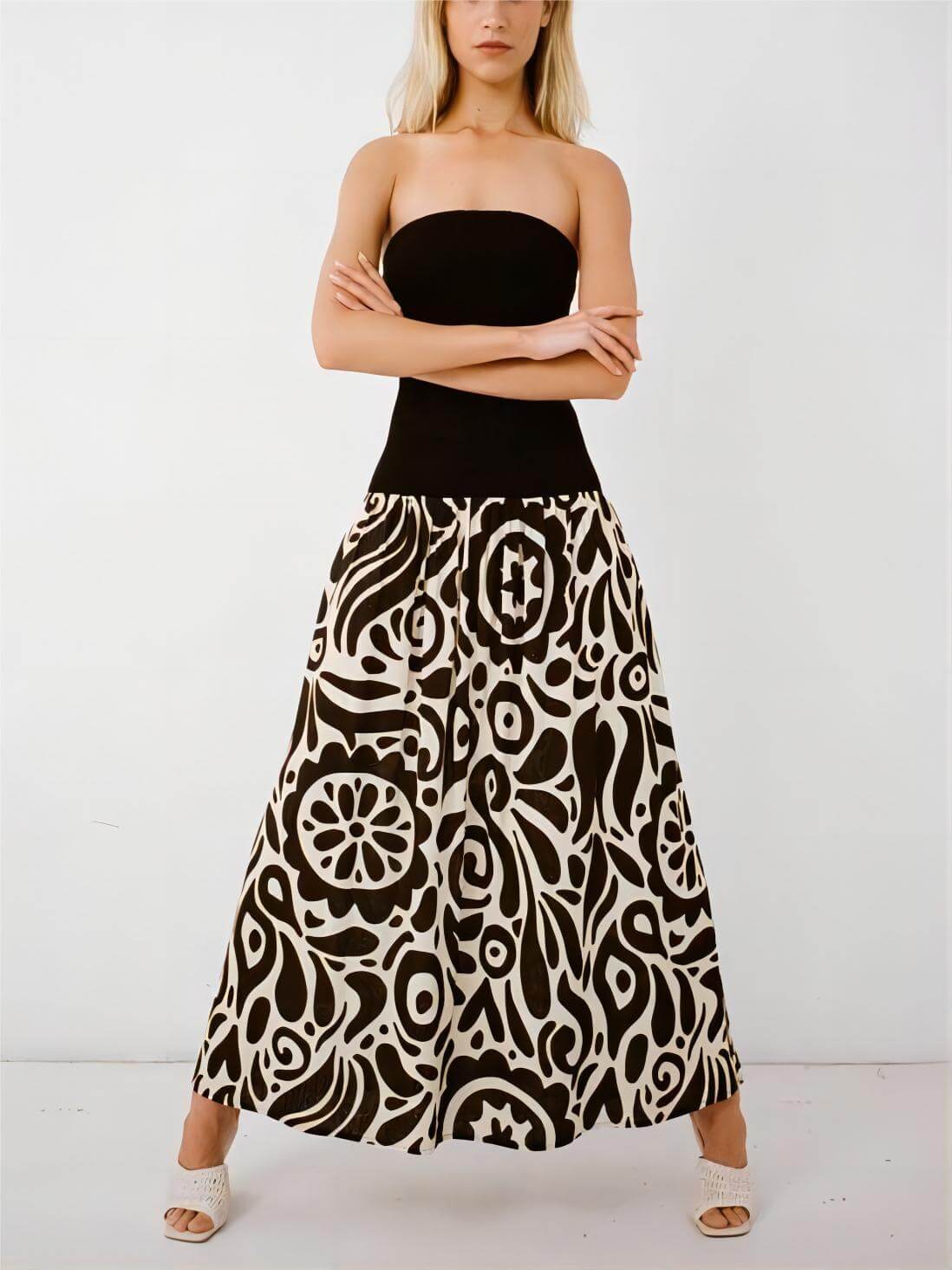 Fashionable Strapless Print Maxi Dress