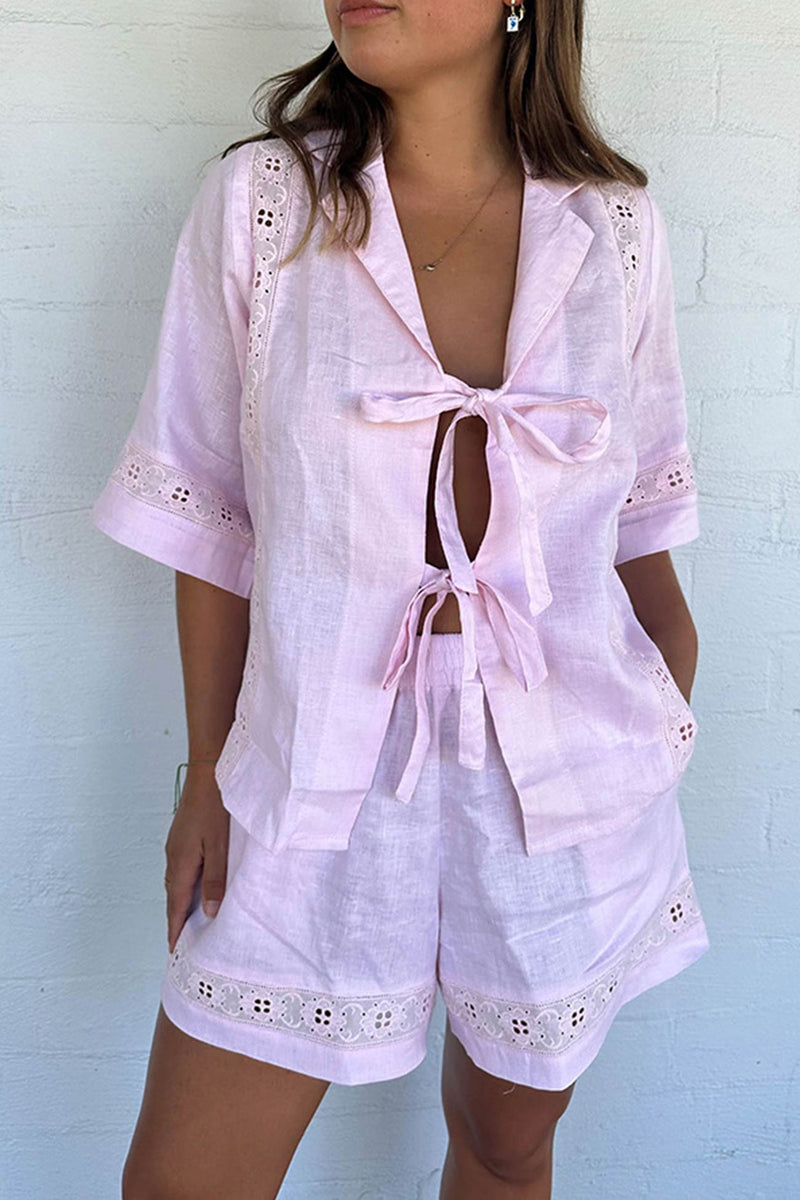 Tie-up Jacquard Hollow Out Shirt Shorts Suits