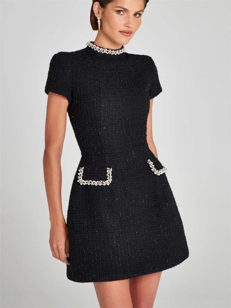 Tosssy Shiny Female Mini Dress Pocket Short Sleeve Patchwork Slim Party Dress Gown ’s Glitter Vntage Dress