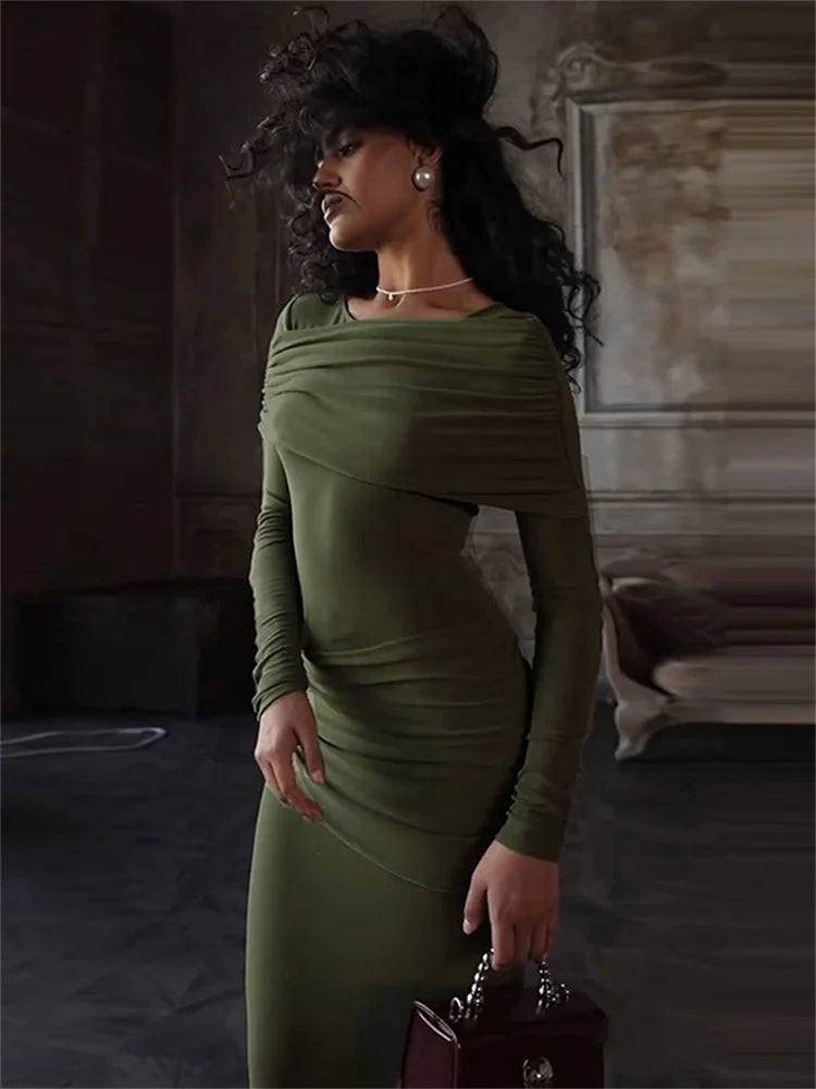 Autumn Patchwork Long Dress Female Slim High Waist Skinny Party Dress Gown Pleated Bodycon Dress