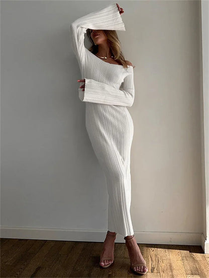 Autumn Knit Ribbed Long Dress Off-shoulder Slim High Waist Patchwork Party Dress Female Maxi Dress Knitwear