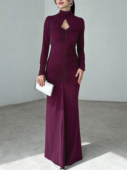 Autumn Pleated Hollow Out Maxi Dress ’s Slim High Waist Backless Party Dress Female Long Dress