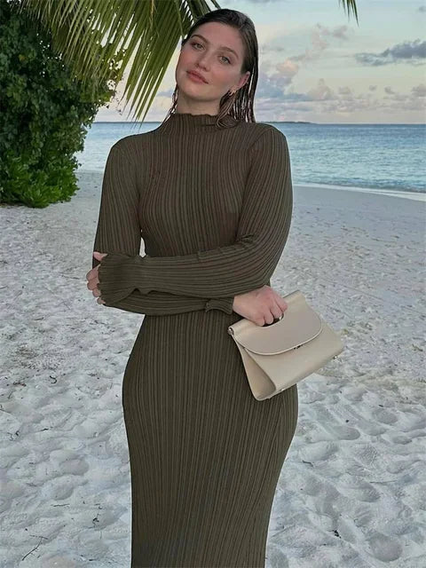 Autumn Ruffled Knitwear Long Dress Female Long Sleeve Loose Ribbed High Waist Maxi Dress Knit Dress