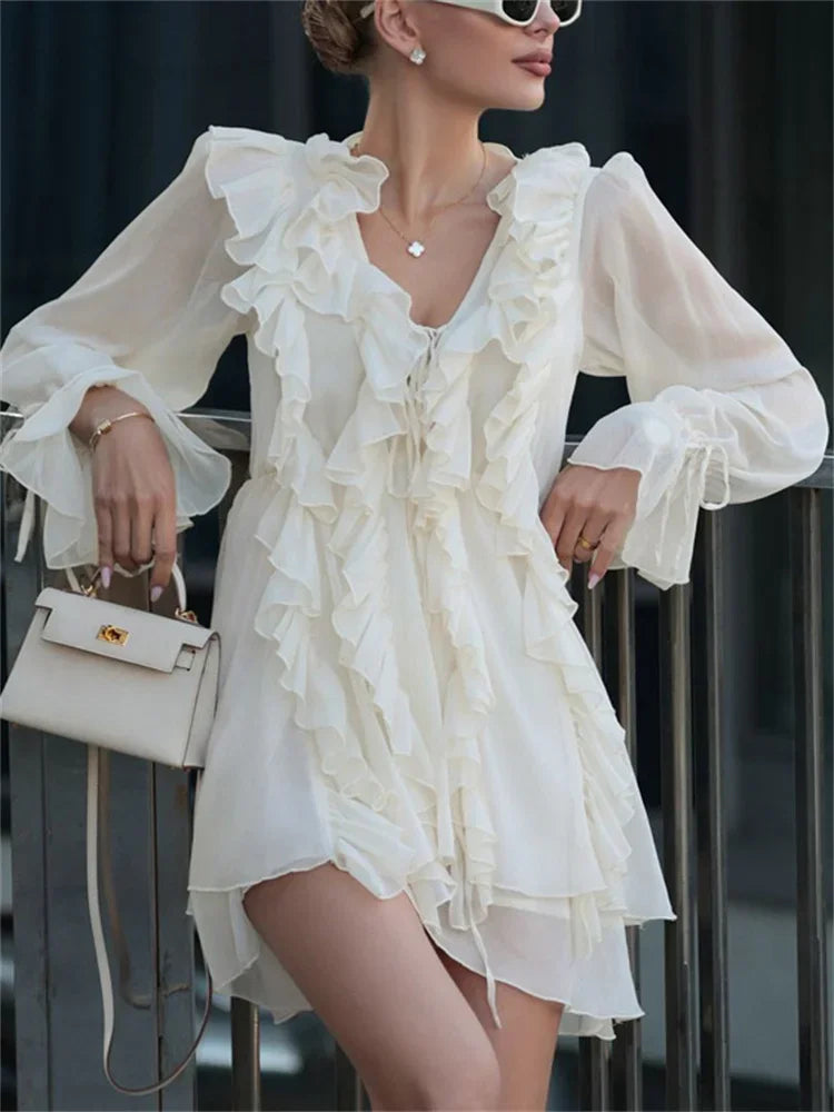 Autumn Ruffled Lace-up Mini Dress ’s V-neck Lace-up Patchwork Slim Commute Clothes Female Bandage Party Dress