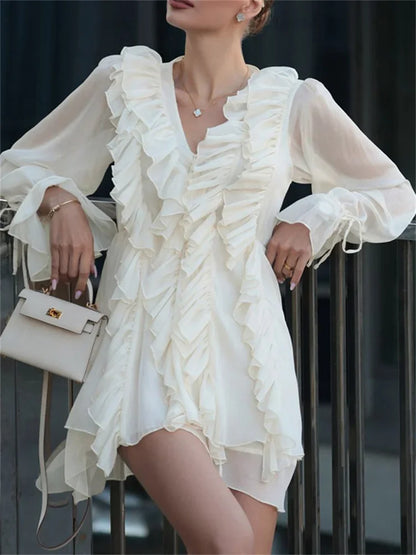 Autumn Ruffled Lace-up Mini Dress ’s V-neck Lace-up Patchwork Slim Commute Clothes Female Bandage Party Dress