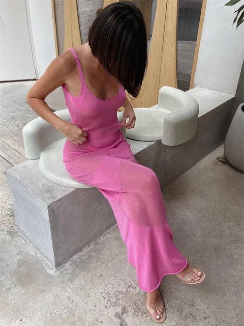 Backless Patchwork Maxi Dress Cover Up for Slim Loose Holiday Beach See-through Clothes Dress Female Knit Long Dress