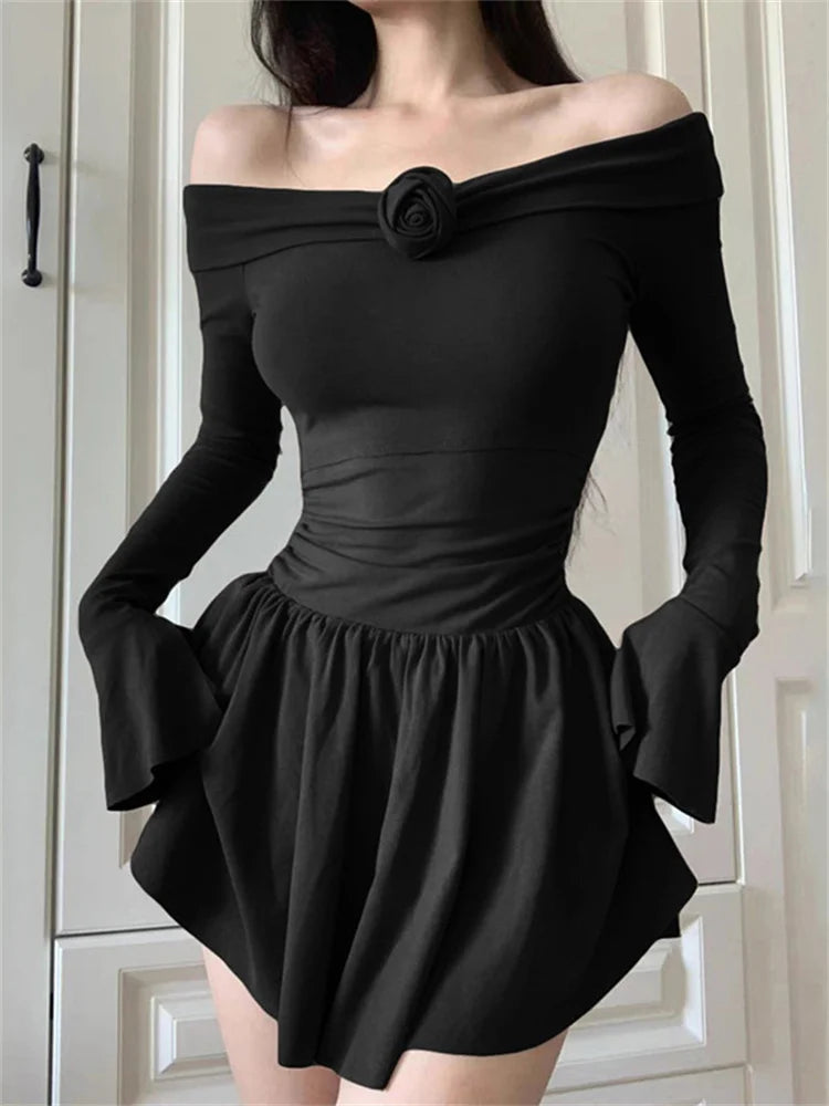Black Ruffled Mini Dress Off-shoulder Long Sleeve Slim Backless Patchwork Dress Dress