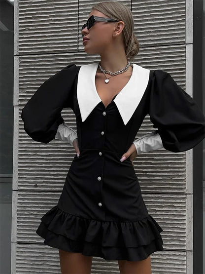 Black Ruffled Patchwork Mini Dress for High Waist V-neck Slim Party Dress Gown ’s Dress