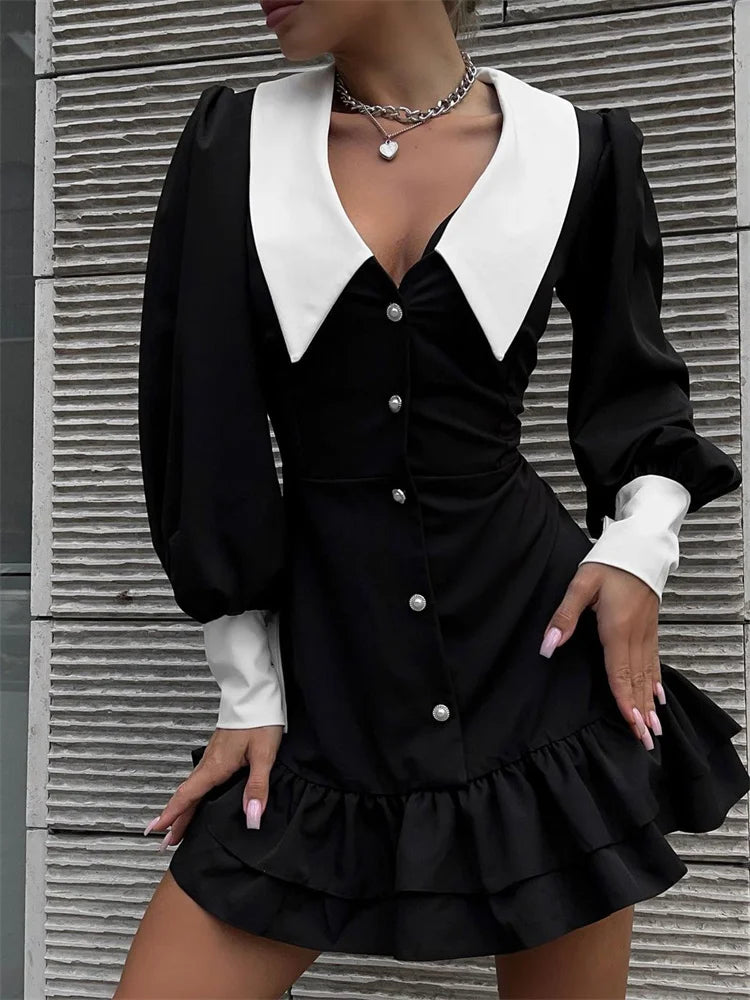 Black Ruffled Patchwork Mini Dress for High Waist V-neck Slim Party Dress Gown ’s Dress