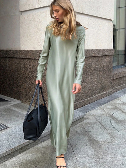 Black Satin Maxi Dress for Patchwork Slim High Waist Split Long Dress Party Dress