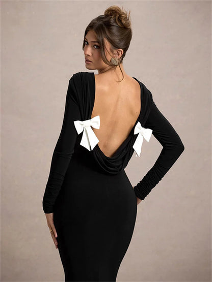 Black Tee Bow Backless Long Dress ’s High Waist Party Dress Gown Female Autumn Maxi Dress