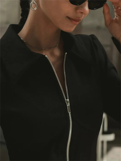 Black Zipper Lapel Maxi Dress for Cardigan Patchwork Slim High Waist Dress