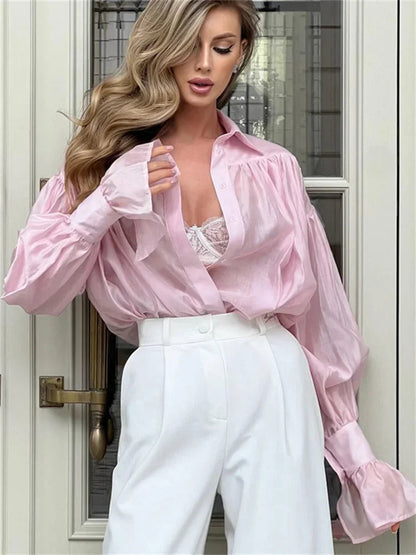 Loose Lapel See-through Patchwork Blouse