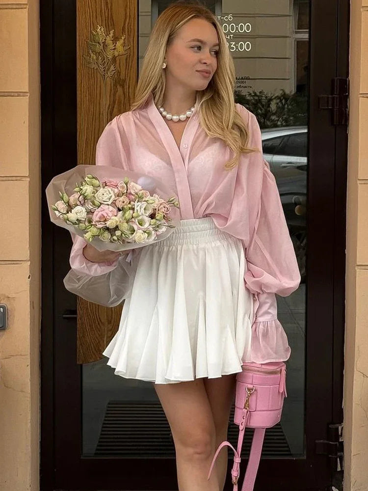 Loose Lapel See-through Patchwork Blouse